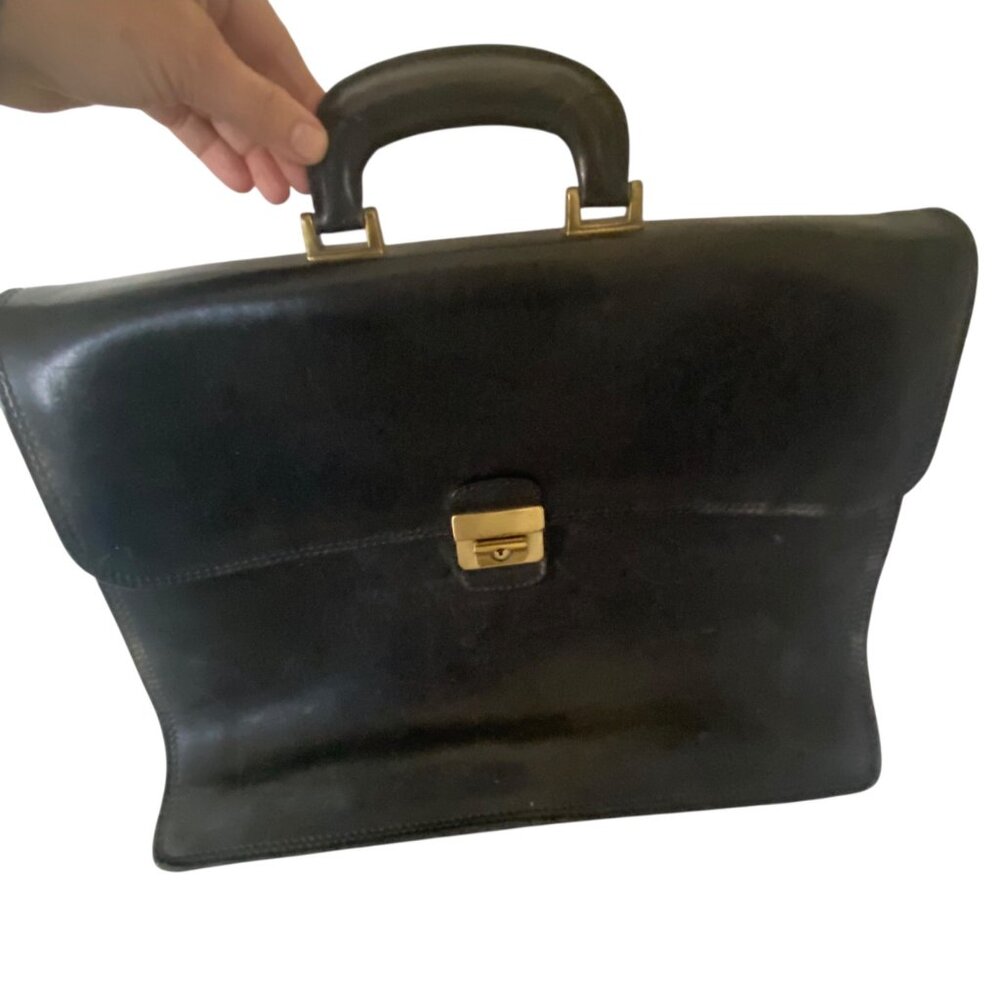 De Martino Sorrento Black Leather Laptop School Briefcase Brass‎ Hardware Italy